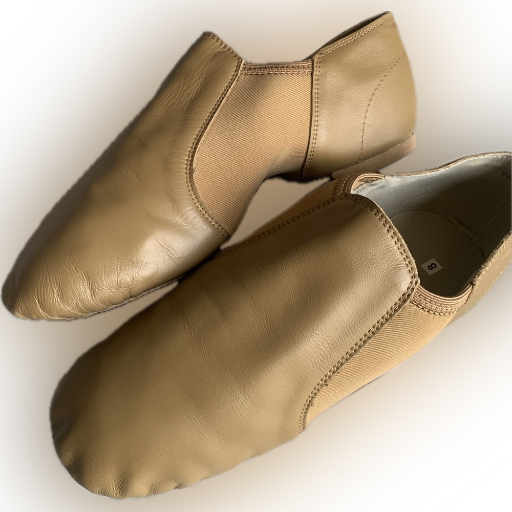 dance shoe Women's Leather Upper Slip-on Jazz Shoe, beige tan 8 DYNADAN’S